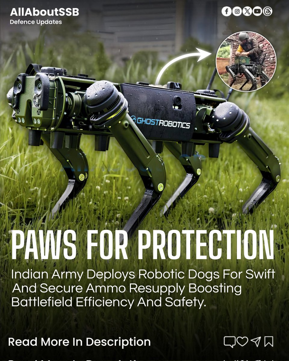 AllAboutSSB's tweet photo. The @adgpi has showcased a novel application for its robotic a dogs developed by ARCVENTURES. In recent operations, these canine-inspired robots were observed carrying ammunition boxes to forward soldiers engaged in active firing.

https://t.co/NWpumeTLWf https://t.co/qWTPzzwUjL