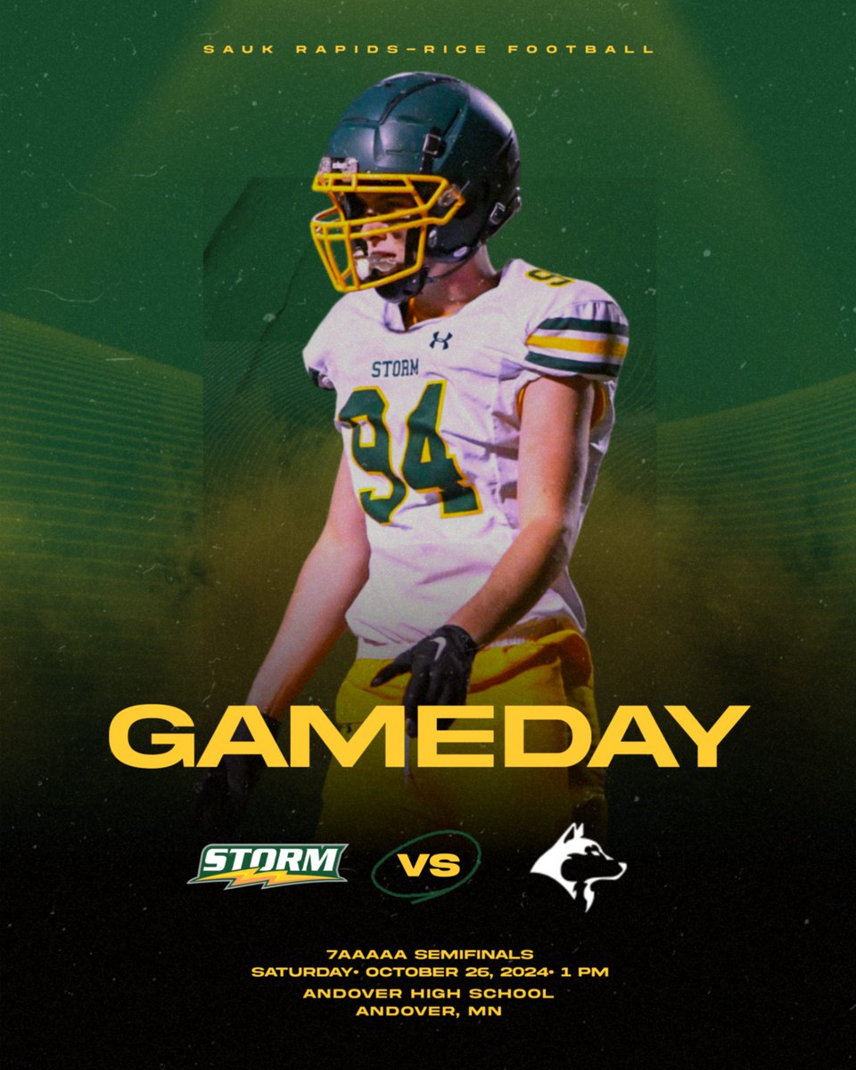 Get up, it's gameday! Today your #3 seeded Sauk Rapids-Rice Storm travel to Andover for a rematch with the #2 seeded Huskies in the 7AAAAA Semifinals.

🕖: 1:00 PM
📍: Andover High School
📻: AM 1390/FM 93.9
🎟️ : gofan.co/event/2028961?…

#ToughKids