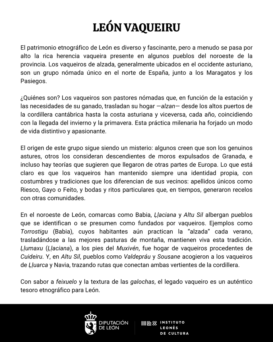 ilc_dipuleon's tweet photo. 🪧 Nueva entrega del proyecto #ILCEnseña:

🐄 “𝑳��𝒐́𝒏 𝑽𝒂𝒒𝒖𝒆𝒊𝒓𝒖”.

✍️ @sendadelhayedo nos habla de los ‘vaqueiros de alzada’, pastores nómadas que trasladan su hogar -alza- desde los altos puertos asturleoneses hasta la costa asturiana, y viceversa.

#LeónEsp #Asturias https://t.co/tVSbXeaWLJ