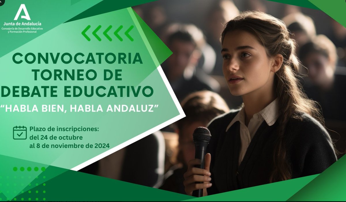 DG_IFP's tweet photo. El alumnado andaluz debatirá sobre acoso escolar, terrorismo o el uso de los móviles
 La Consejería abre el plazo para que los centros se inscriban en el Torneo de Debate Educativo ‘Habla bien, habla andaluz’, para estudiantes: ESO, Bachillerato y Ciclos Formativos FP
@EducaAnd https://t.co/9lZJ0irl28