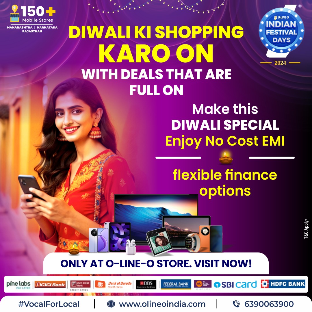 OLineOIndia's tweet photo. This Indian Festival Days and Diwali, shop your favorite electronic gadgets at O-LINE-O and enjoy no-cost EMI and flexible finance options!

Make your celebrations even brighter with the best deals.😀
.
.
.
.
.
.
#IFD2024 #OLineO #olineoindia #zerodownpayment #financialsavings #discountoffers