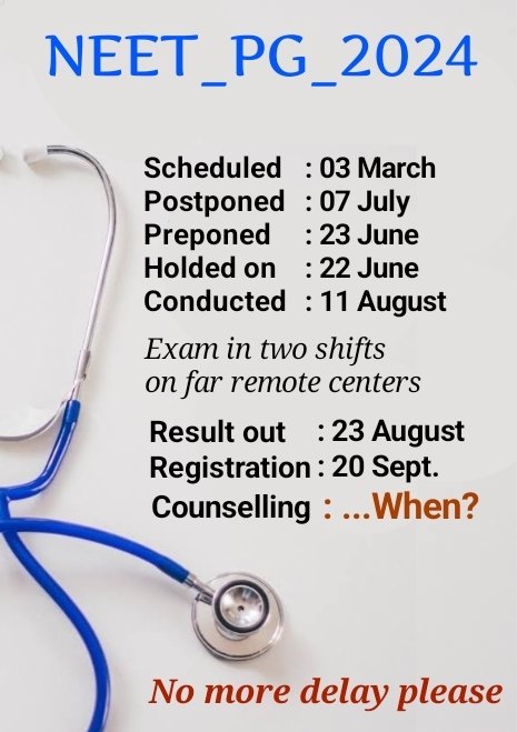 VishnuRajgadia's tweet photo. #NEET_PG_24

3 मार्च को होनी थी। तिथि बढ़ी 7 जुलाई। फिर घटकर 23 जून। लेकिन 22 जून की रात अचानक स्थगित।

11 अगस्त को दो पाली में दूरदराज के सेंटर्स पर परीक्षा हुई। 23 अगस्त को रिजल्ट।

20 सितंबर को रजिस्ट्रेशन प्रारंभ। अब तक कॉउंसिल शुरू नहीं। @JPNadda

#Start_NeetPG_Counselling https://t.co/3VmQnmXL5t