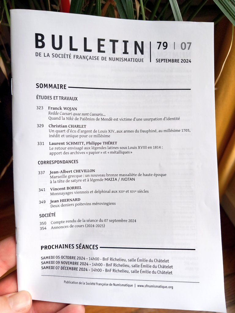 Le #BSFN de septembre 2024 vient de paraître ! 📚

Découvrez 6 articles de #numismatics, depuis L’#Antiquité jusqu'au XIXe siècle.
sfnumismatique.org/sommaires-2024/