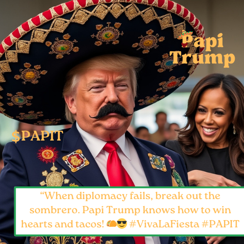 papitrump2024's tweet photo. When diplomacy fails, break out the sombrero. Papi Trump knows how to win hearts and tacos! 🌮😎
#VivaLaFiesta #PAPIT https://t.co/fWM98MmqfW