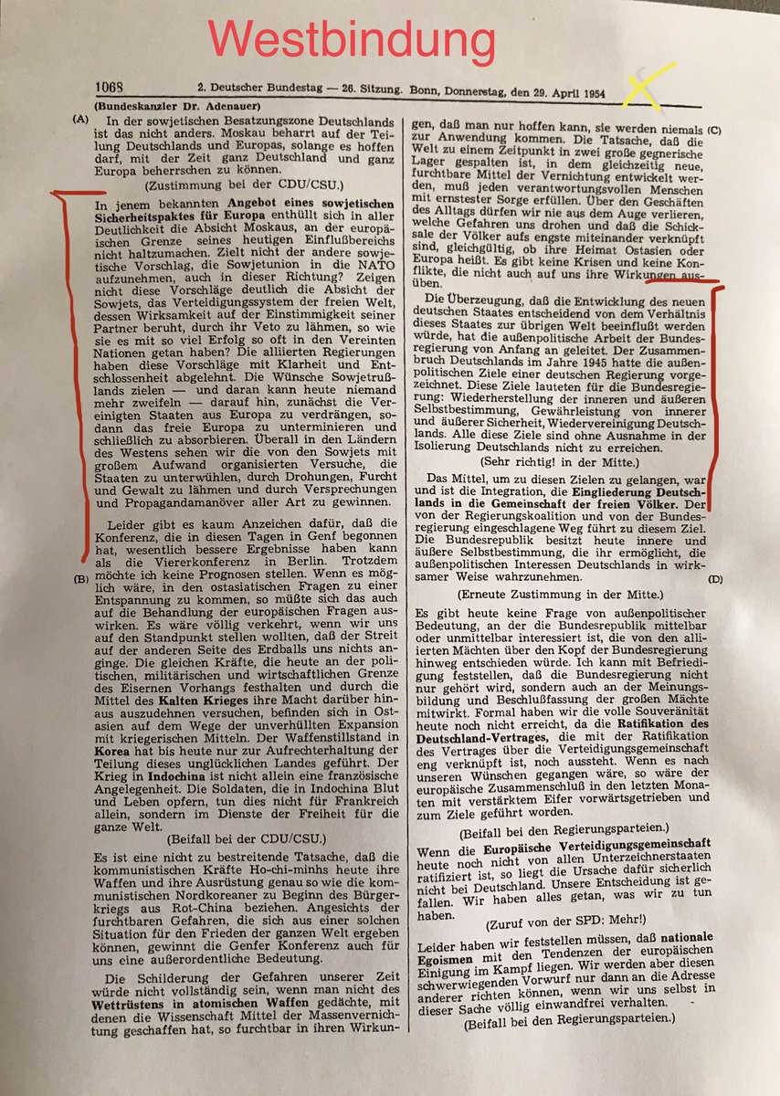 yuvodra's tweet image. 2. Deutscher Bundestag, 26. Sitzung, 29.04.1954
Konrad Adenauer:
"Die Wünsche Sowjetrusslands zielen - und daran kann heute niemand mehr zweifeln - darauf hin, zunächst die USA aus Europa zu drängen, sodann das freie Europa zu unterminieren und schließlich zu absorbieren." 👇