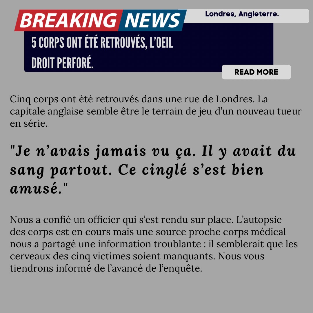 tw : sang, meurtres. Détails un peu gore. 

Vos personnages peuvent en avoir pris connaissance, ou pas. C’est lié au surnaturel donc à vous de voir.
