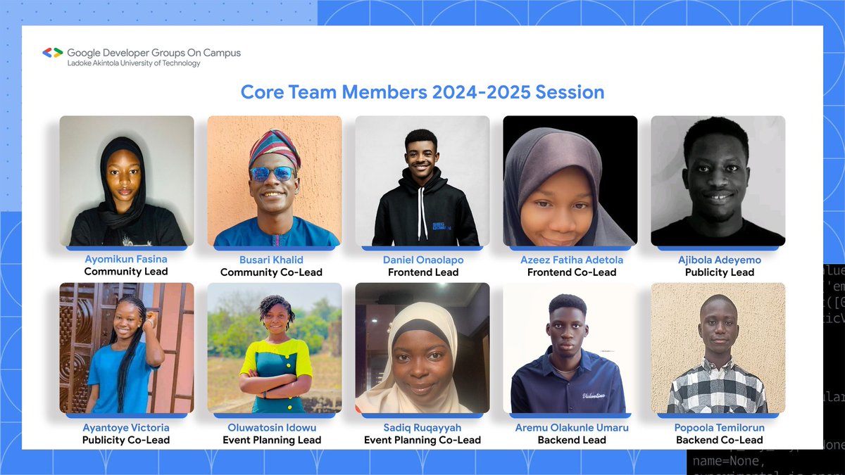 gdgoc_lautech's tweet image. 𝗜𝗻𝘁𝗿𝗼𝗱𝘂𝗰𝗶𝗻𝗴 𝘁𝗵𝗲 𝗗𝘆𝗻𝗮𝗺𝗶𝗰 𝗖𝗼𝗿𝗲 𝗧𝗲𝗮𝗺 𝗼𝗳 𝗚𝗗𝗚 𝗼𝗻 𝗖𝗮𝗺𝗽𝘂𝘀 𝗮𝘁 𝗟𝗮𝗱𝗼𝗸𝗲 𝗔𝗸𝗶𝗻𝘁𝗼𝗹𝗮 𝗨𝗻𝗶𝘃𝗲𝗿𝘀𝗶𝘁𝘆 𝗢𝗳 𝗧𝗲𝗰𝗵𝗻𝗼𝗹𝗼𝗴𝘆 

Now, it's time to meet the talented individuals who will drive our community forward. #coremembers