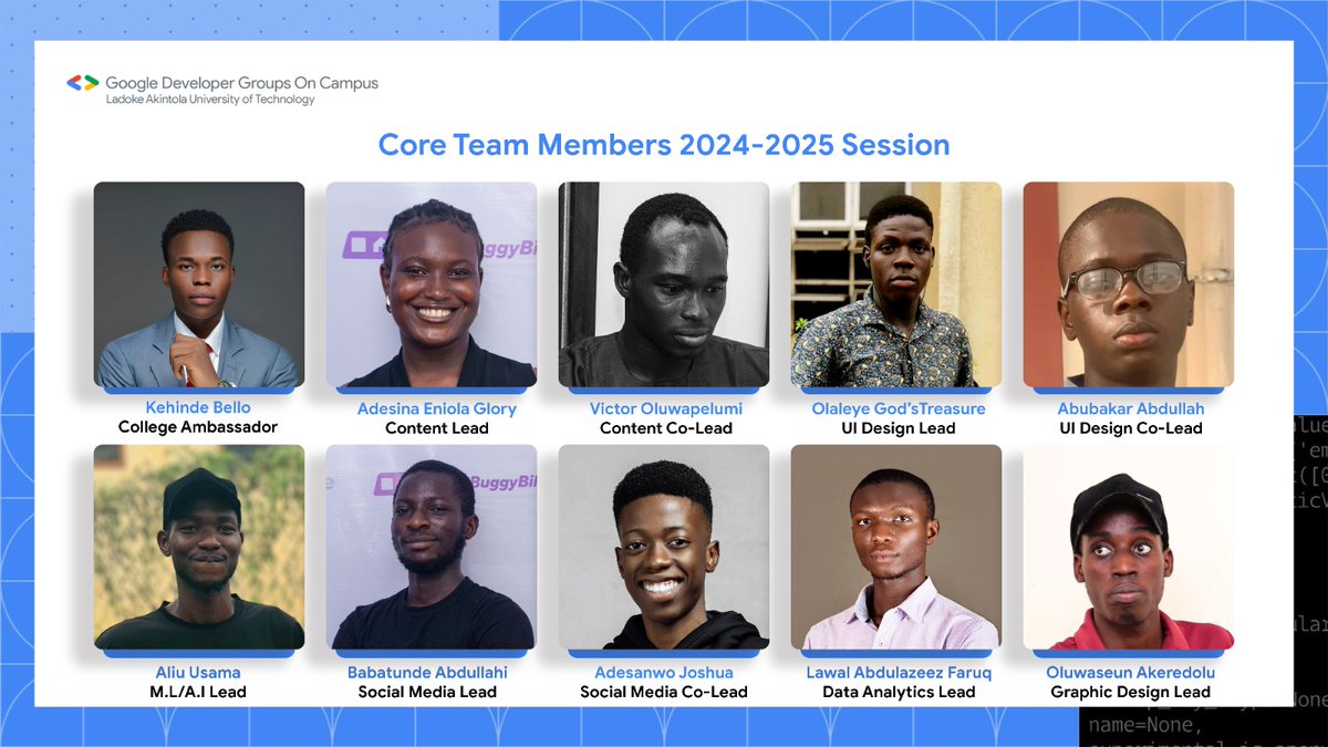 gdgoc_lautech's tweet image. 𝗜𝗻𝘁𝗿𝗼𝗱𝘂𝗰𝗶𝗻𝗴 𝘁𝗵𝗲 𝗗𝘆𝗻𝗮𝗺𝗶𝗰 𝗖𝗼𝗿𝗲 𝗧𝗲𝗮𝗺 𝗼𝗳 𝗚𝗗𝗚 𝗼𝗻 𝗖𝗮𝗺𝗽𝘂𝘀 𝗮𝘁 𝗟𝗮𝗱𝗼𝗸𝗲 𝗔𝗸𝗶𝗻𝘁𝗼𝗹𝗮 𝗨𝗻𝗶𝘃𝗲𝗿𝘀𝗶𝘁𝘆 𝗢𝗳 𝗧𝗲𝗰𝗵𝗻𝗼𝗹𝗼𝗴𝘆 

Now, it's time to meet the talented individuals who will drive our community forward. #coremembers