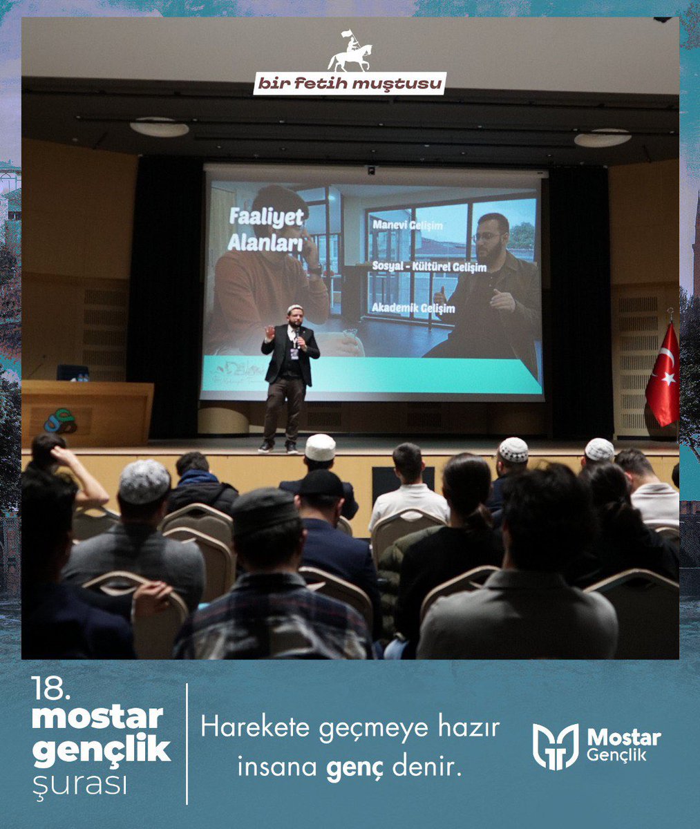 18. Mostar Gençlik Şurası'nda Mostar Gençlik Üniversite Birim Sorumlusu Hüseyin Tayyip Gündüz "Bir Fetih Muştusu" başlıklı sunumunu gerçekleştiriyor.