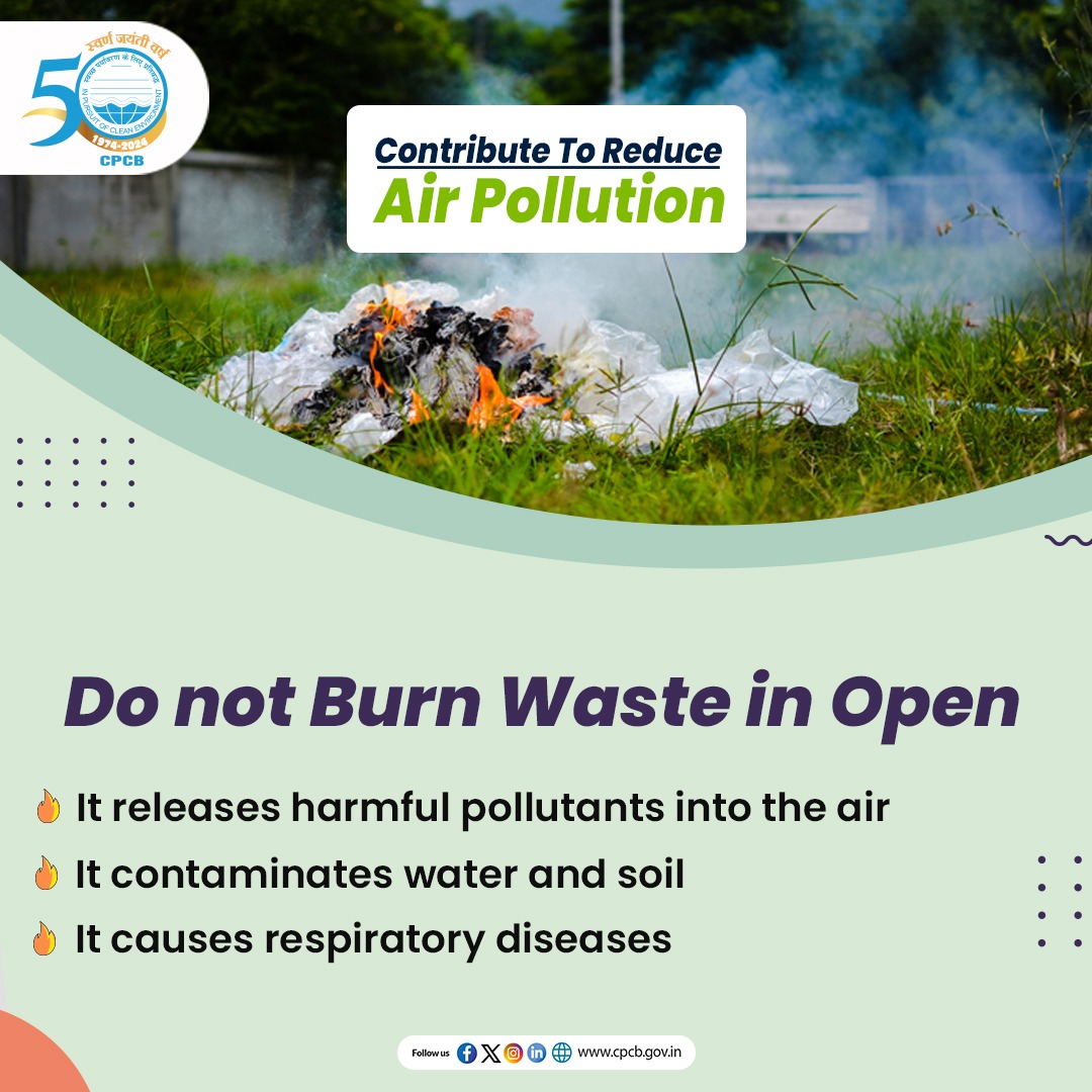 CPCB_OFFICIAL's tweet image. Do not burn waste in open.

Burning waste in the open results in incomplete combustion thereby releases various gases that are harmful to human health.

#WasteBurnning #MissionLiFE #SayNoToOpenBurning #ReduceAirPollution 

@byadavbjp @KVSinghMPGonda @moefcc @mygovindia @PIB_India
