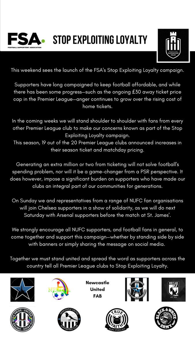 Over the next two weekends. We will be supporting the <a href="/WeAreTheFSA/">The FSA</a> #StopExploitingLoyalty campaign

We strongly encourage all football fans to join us in supporting this campaign to prevent fans across the country from being priced out of following the club that they love.