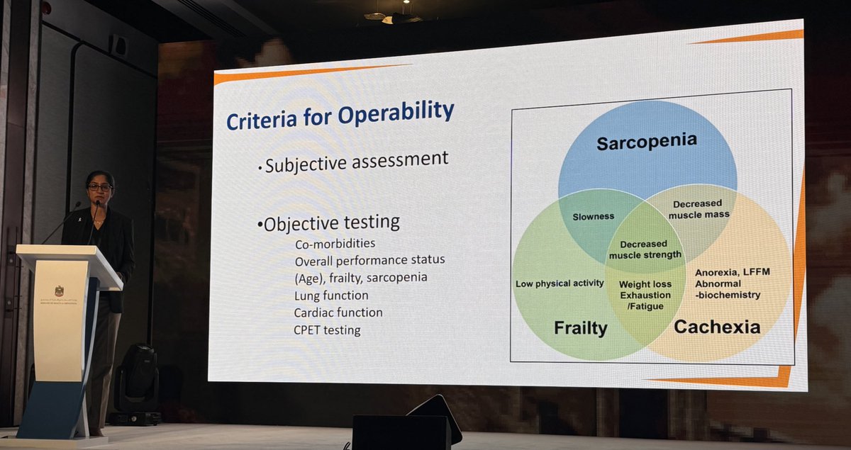 Great discussion on resectability and operability for early stage NSCLC from Dr. <a href="/pgkhaitan/">Puja Gaur Khaitan, MD</a> at <a href="/SocietyEmirates/">Emirates Oncology Society</a> meeting. Nice seeing the familiar @iaslc staging cards! Key here is making sure the surgeon is involved!