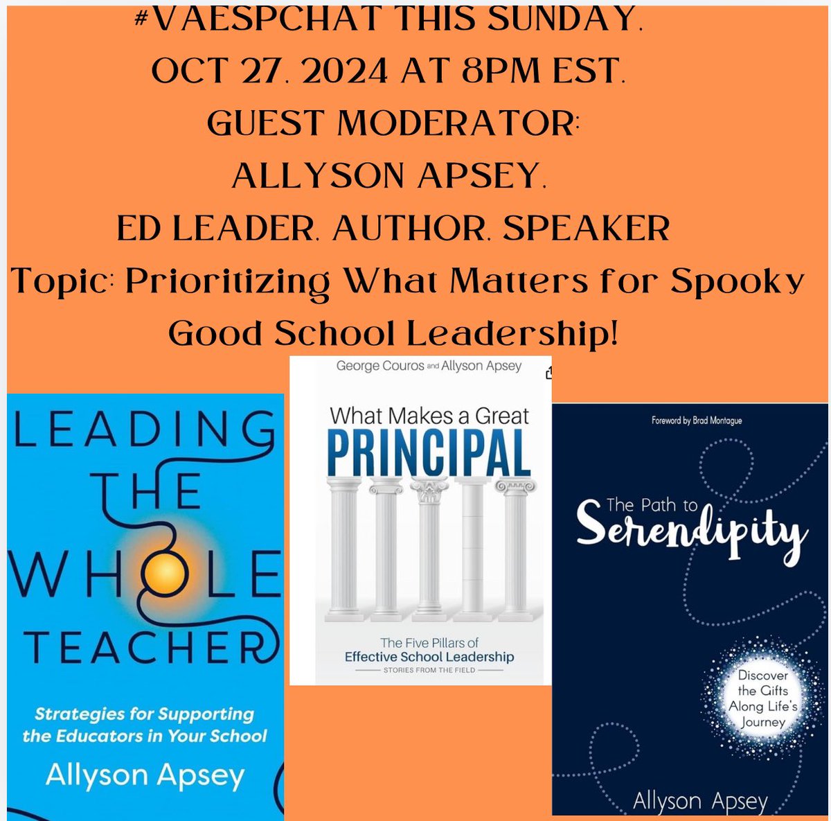 Dr. Andrew Buchheit (@andrewbuchheit) on Twitter photo #VAESPCHAT Sunday,
Oct 27 at 8pmEST. Guest Moderator: <a href="/AllysonApsey/">Allyson Apsey</a> Topic: Prioritizing what matters for spooky good school leadership. <a href="/OrganicLeaderVB/">Akilah Ellison🌼</a> <a href="/crowder_frankie/">Frankie Crowder</a> <a href="/DrFrankBuck/">Dr. Frank Buck</a> <a href="/frankpBCC/">Frank Polen</a> <a href="/aplusleader/">Amanda Finklea</a> <a href="/SamFancera/">Sam Fancera</a> <a href="/FlipSchools/">Dr. Josh Martin - Principals Flip Schools</a> <a href="/MPA_GOJAGUARS/">Josh Tovar</a> <a href="/JTSPOTLIGHTS/">Josh Tovar</a> @LIBPrincipal #VAESPCHAT Sunday,
Oct 27 at 8pmEST. Guest Moderator: <a href="/AllysonApsey/">Allyson Apsey</a> Topic: Prioritizing what matters for spooky good school leadership. <a href="/OrganicLeaderVB/">Akilah Ellison🌼</a> <a href="/crowder_frankie/">Frankie Crowder</a> <a href="/DrFrankBuck/">Dr. Frank Buck</a> <a href="/frankpBCC/">Frank Polen</a> <a href="/aplusleader/">Amanda Finklea</a> <a href="/SamFancera/">Sam Fancera</a> <a href="/FlipSchools/">Dr. Josh Martin - Principals Flip Schools</a> <a href="/MPA_GOJAGUARS/">Josh Tovar</a> <a href="/JTSPOTLIGHTS/">Josh Tovar</a> @LIBPrincipal