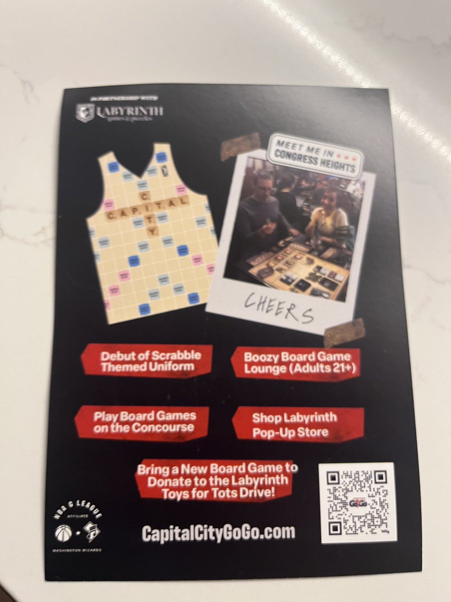 Barred in DC (@barredindc) on Twitter photo .<a href="/CapitalCityGoGo/">Capital City Go-Go</a> is doing a game in partnership with <a href="/labyrinthdc/">Labyrinth Games & Puzzles</a> on Nov 17th at 3p. Kids under 12 free with paying adult.
Scrabble-themed jersey! Board games! .<a href="/CapitalCityGoGo/">Capital City Go-Go</a> is doing a game in partnership with <a href="/labyrinthdc/">Labyrinth Games & Puzzles</a> on Nov 17th at 3p. Kids under 12 free with paying adult.
Scrabble-themed jersey! Board games!