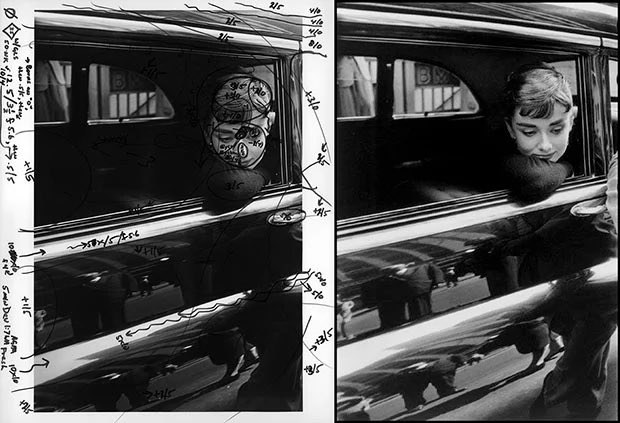 Bertrom's tweet image. The darkroom master printer Pablo Inirio.

Darkroom test prints, complete with his mark-ups and notations, and how he intends to ‘dodge and burn.