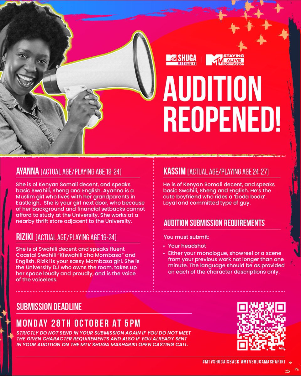 Missed your chance? 👀Don’t sweat it - select roles for #MTVShugaMashariki are still open! Submit your audition by Monday, Oct 28th at 5 pm for a shot at bringing your unique energy to the screen!
shorturl.at/ABWHT
