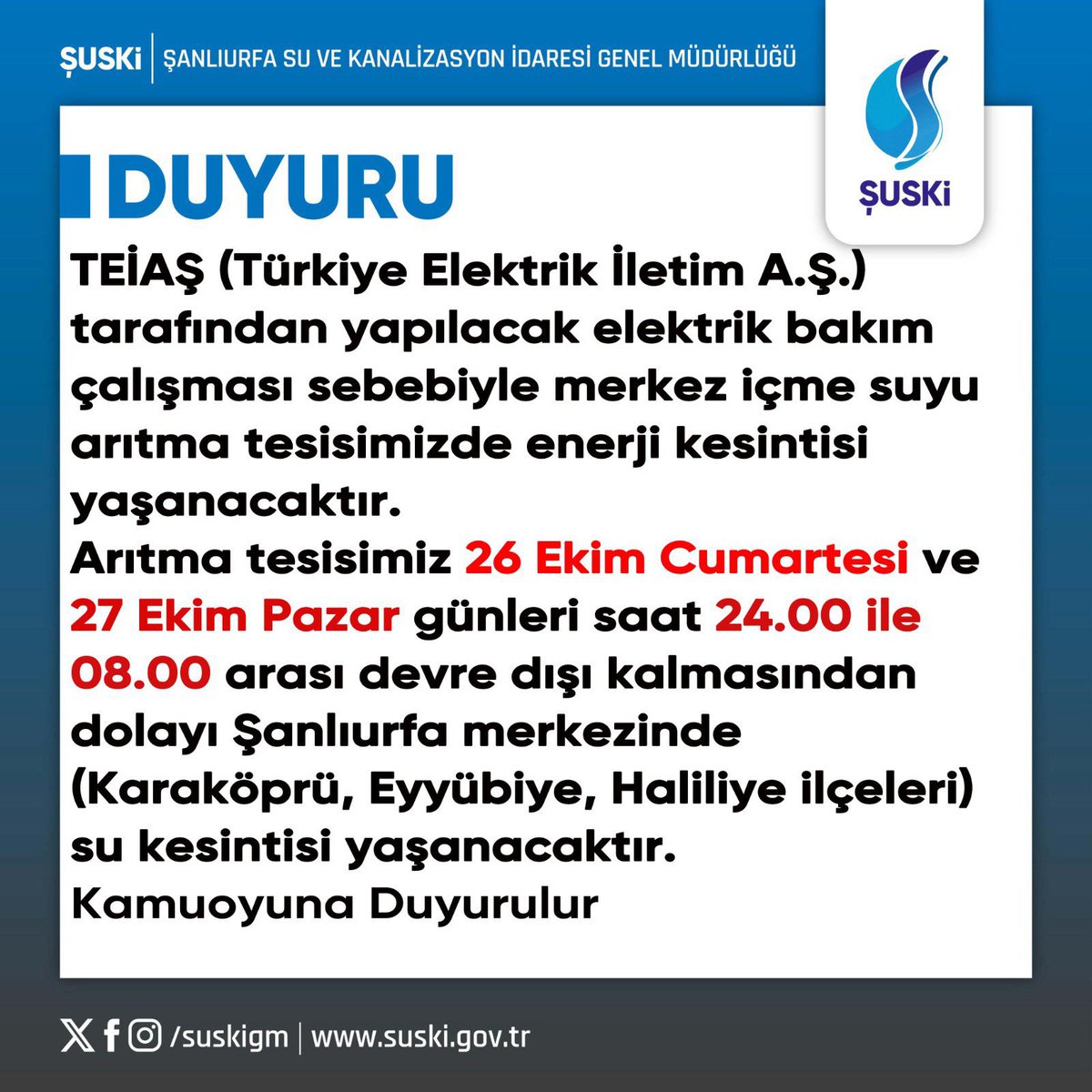 urfasiyasetcom's tweet photo. Şanlıurfa Büyükşehir Belediye Su ve kanalizasyon idaresi genel müdürlüğü Şuskiden duyuru https://t.co/JLk5HHRWLw