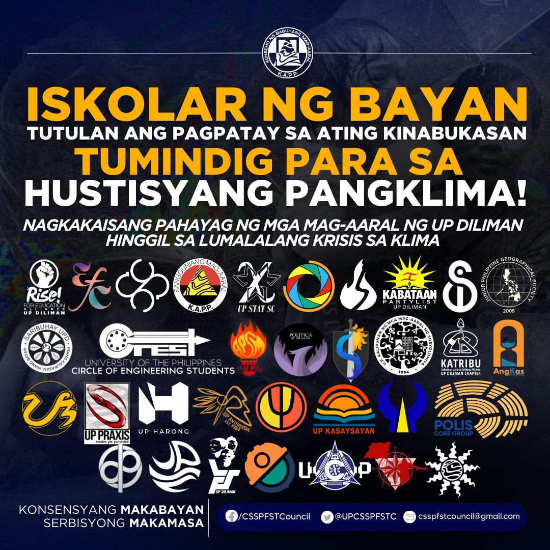 UPCSSPFSTC's tweet photo. NAGKAKAISANG PAHAYAG NG MGA MAG-AARAL NG UP DILIMAN HINGGIL SAย LUMALALANG KRISIS SA KLIMA
Iskolar ng Bayan, ang kawalan ng aksyon sa krisis sa klima ay ang pagpatay sa kinabukasan ng kabataan! Tumindig para sa hustisyang pangklima!
#ClimateJusticeNow #NoToDevelopmentAggression https://t.co/d8HDDdfmu5