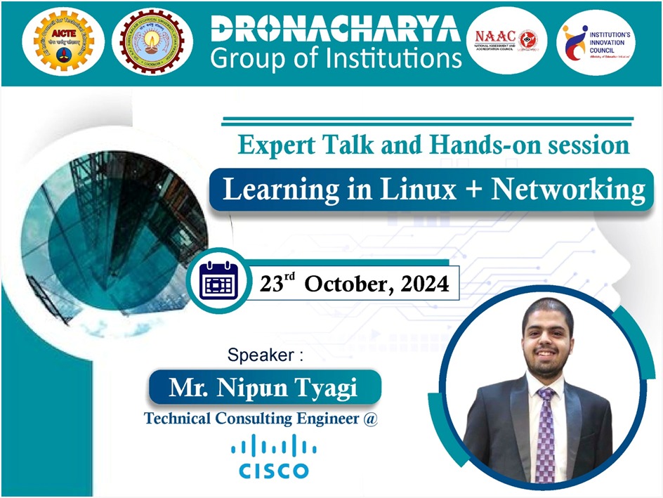 DronacharyaDgi's tweet image. DGI hosted an expert session, "Learning Linux and Networking," with Ciscoโs Nipun Tyagi, students gained essential Linux & networking skills and valuable career insights. Bridging theory and practice for a tech-driven future! #LinuxTraining #CiscoExpertTalk #TechSkills