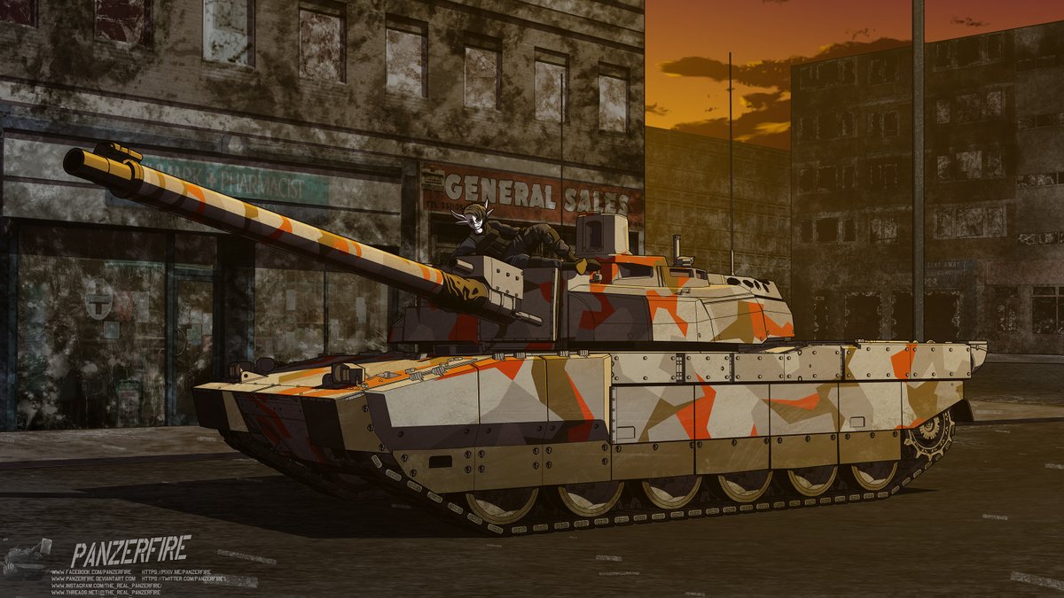 Commission for <a href="/Zman00171/">Z</a> 

Ace very much relaxed on top of a #Leclerc S2 in a city that has seen better days.

#ArtCommission  #commision #mbt #ocart #digitalart