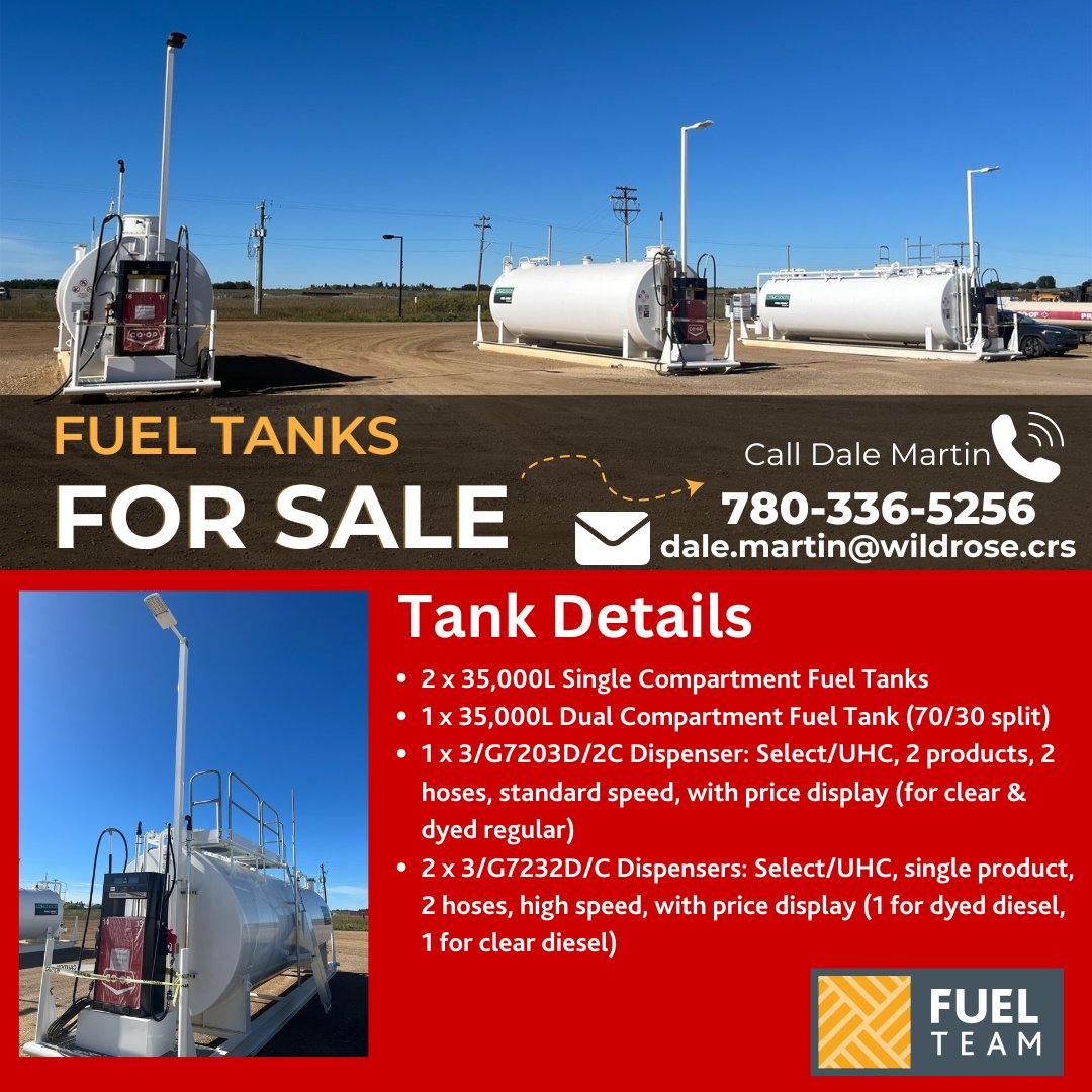 WildRoseCoop's tweet photo. 🚨 For Sale: Fuel Tanks &amp; Dispensers! 🚨⁠
⁠
📞 Contact Dale Martin at 780-336-5256 or email dale.martin@wildrose.crs for more details!⁠
⁠ https://t.co/aOzb6yJUxd