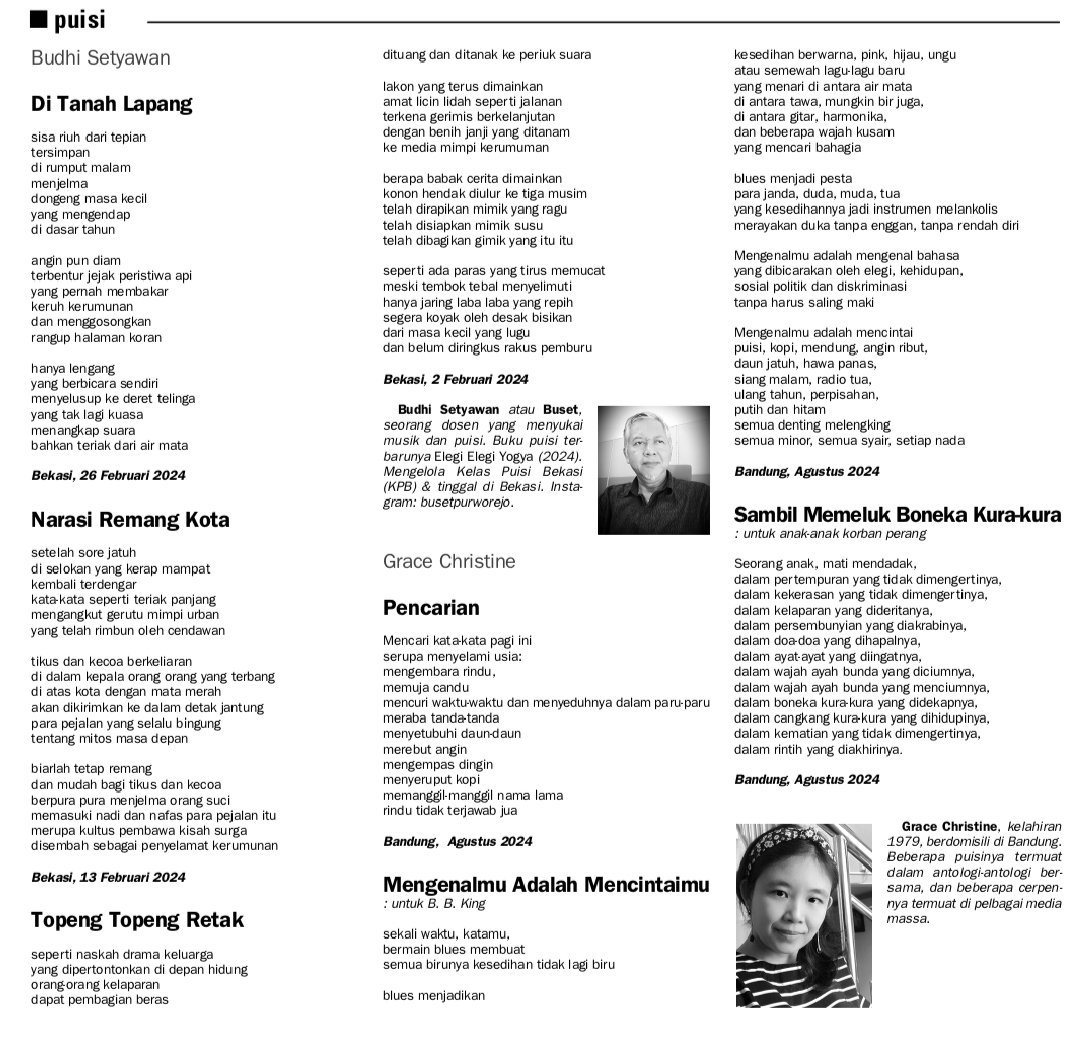Grace_tine's tweet photo. "Pikiran Rakyat", 26 Oktober 2024

#puisi #poetry #poetrylovers  #syair #sajak #literasi #membaca #menulis #writing #reading #healingbyreading #healingbywriting https://t.co/Iah39Z54lZ