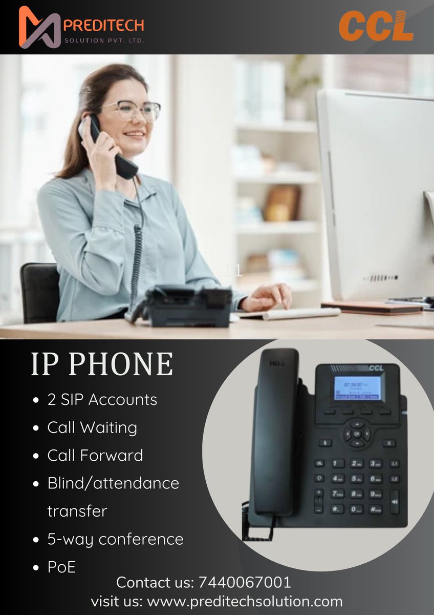 preditech's tweet image. CCL IP Phone refers to an Internet Protocol telephone that utilizes internet connection for making voice and video calls.
Feature:
1.2 SIP Accounts
2.Call Waiting
3.Call Forward
4.Blind/attended transfer
#preditechsolution #iPhone  #installation
