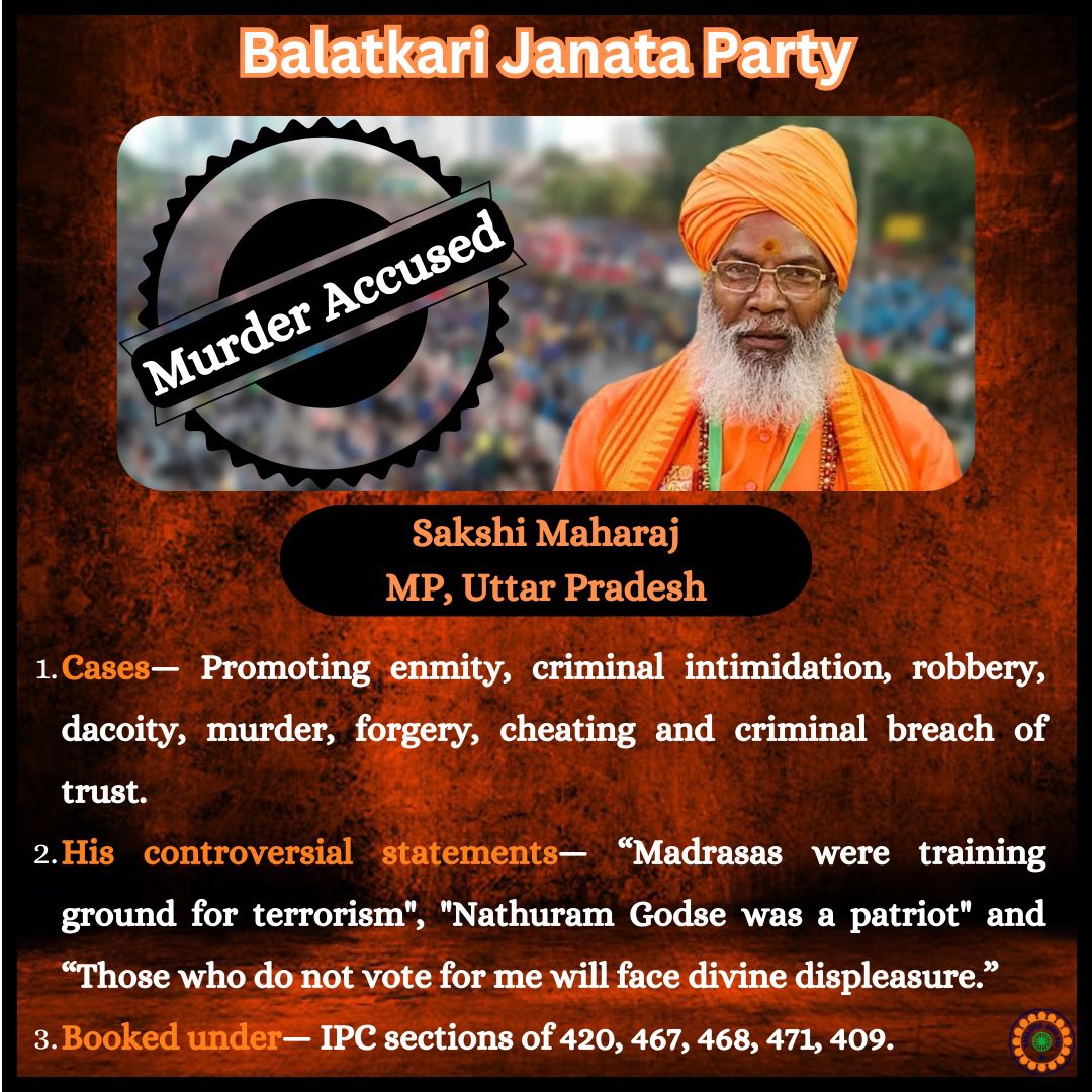 SevadalTN's tweet image. Name- Sachchidanand Hari Sakshi aka Sakshi Maharaj

Position- MP, Uttar Pradesh

Cases— Promoting enmity, criminal intimidation, robbery, dacoity, murder, forgery, cheating and criminal breach of trust.

#ipc #saynotoviolence #cppc #criminalisationofpolitics
