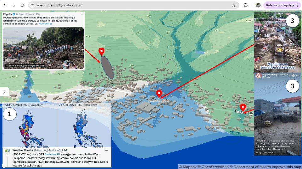 nababaha's tweet photo. Paano gamitin ang NOAH STUDIO ng Project NOAH website para makaiwas sa delubyo. Step by step procedure based on an actual example from Talisay, Batangas. #KristinePH

Step 1: Alamin ang dami ng ulan ayon sa forecast. Puwede makita ang forecast ng ulan mula sa @Weather_Manila o kaya sa @dost_pagasa rainfall warning bulletins.  Ang ulan sa may Talisay, Batangas ay umabot ng 437 millimeters sa loob ng 24 horas. Sobrang dami ng ulan na ito (see figure).

Step 2: Alamin kung may panganib na landslide (nakakulay na green o berde sa mapa). Kung may panganib na landslide at ang forecast ay malakas na ulan, bago ng kasagsagan ng ulan ay pansamantalang pumunta sa pinakamalapit na lugar na walang kulay o white sa hazard map (see figure).

Step 3: Alamin kung may panganib na baha  (nakakulay na blue o azul sa mapa). Kung may panganib na baha at ang forecast ay malakas na ulan, bago ng kasagsagan ng ulan ay pansamantalang pumunta sa pinakamalapit na lugar na walang kulay o white sa hazard map (see figure).

Note: Ang mga kulay sa hazard map ay maaring baguhin sa NOAH website ayon sa naiibigan na kulay.

Visit https://t.co/3kL1Jmejhh