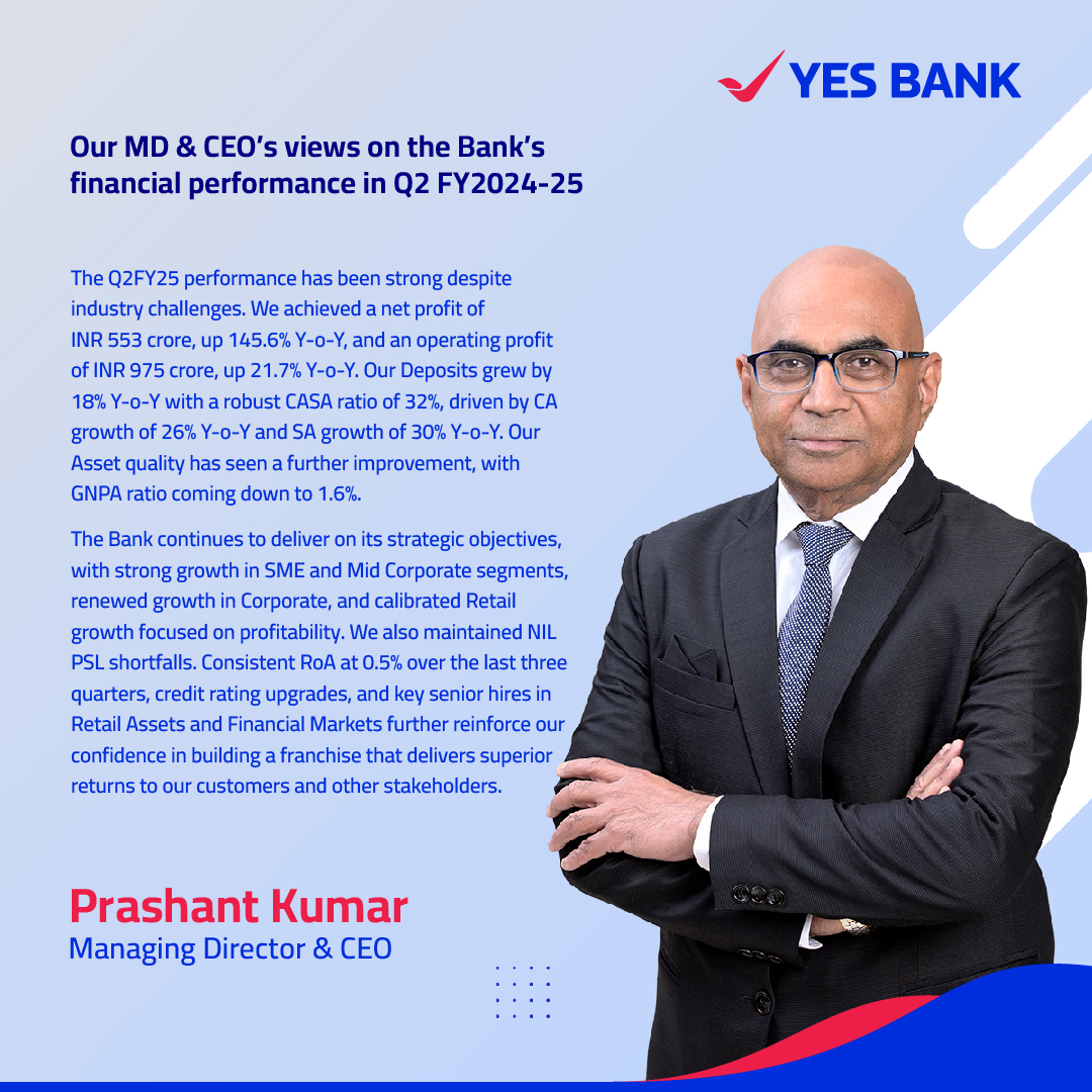 YESBANK's tweet photo. Key insights from Mr. Prashant Kumar, Managing Director & CEO, as he delves into the Bank’s impressive Q2 FY2024-25 results, setting the stage for continued growth.
#YESBANK #LifeKoBanaoRich #QuarterResults #LeadershipInsights #Q2FY2425Results #PoisedForGrowth https://t.co/IFhTMb7pF3