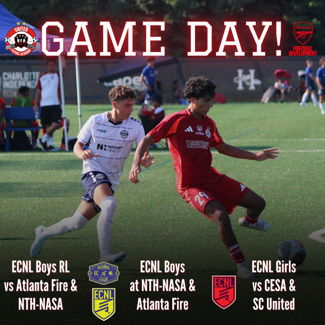 UnitedFA_ECNL's tweet photo. 𝙂𝘼𝙈𝙀 𝘿𝘼𝙔‼️
​
​Good luck to all our teams in action this weekend! ECNL Boys and ECNL Boys RL take on NTH-NASA and Atlanta Fire. ECNL Girls are at home vs CESA and SC United. #united4life #UFAECNL https://t.co/koP1Fy3s0I