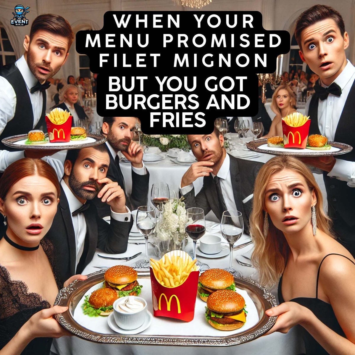 When the menu said ‘gourmet’ but you got ‘drive-thru’! 🍔🤯 Avoid catering chaos with reliable vendors at MyEventNinja.com. #EventFails #CateringDisaster #VendorTroubles #MyEventNinja