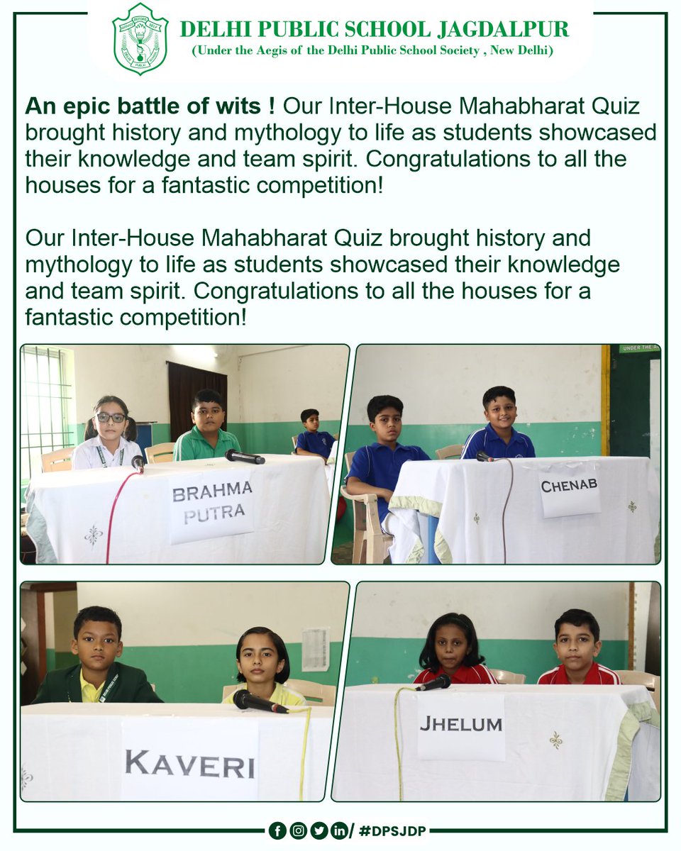 DpsJdp's tweet photo. An epic battle of wits! 🏆 Our Inter-House Mahabharat Quiz brought history and mythology to life as students showcased their knowledge and team spirit. Congratulations to all the houses for a fantastic competition! 🌟 #DPSJagdalpur #InterHouseQuiz #MahabharatChallenge https://t.co/s2kDcNWnlz
