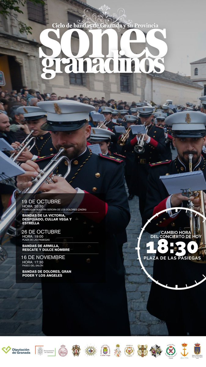 El concierto de esta tarde del ciclo "Sones Granadinos" de <a href="/Fedcofrgr/">Federación de Cofradías de Granada</a>. <a href="/dipgra/">Diputación de Granada</a> y <a href="/aytogr/">Ayuntamiento de Granada</a> se adelanta a las 18.30 horas, por motivos climatológicos. Plaza de las Pasiegas. <a href="/BandadeArmilla/">Banda de Armilla</a>, agrupación Rescate y <a href="/amdulcenombre/">AM Dulce Nombre</a>