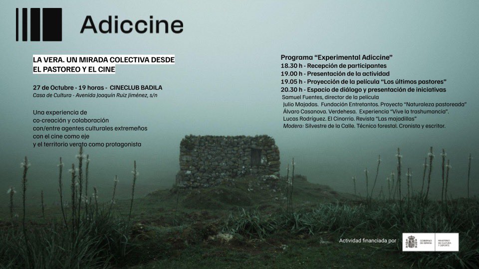 entre_tantos's tweet photo. La desaparición del pastoreo será el hilo conductor de esta velada de cine en la que participamos:

27 octubre 19h
Cine Club Badila #Jarandilla #LaVera #Extremadura

📽️ LOS ULTIMOS PASTORES de Samu Fuentes 

🐑 De la mano de @Adicine_es y @culturagob 

#eligeganaderiaextensiva https://t.co/JOjSlBobMW
