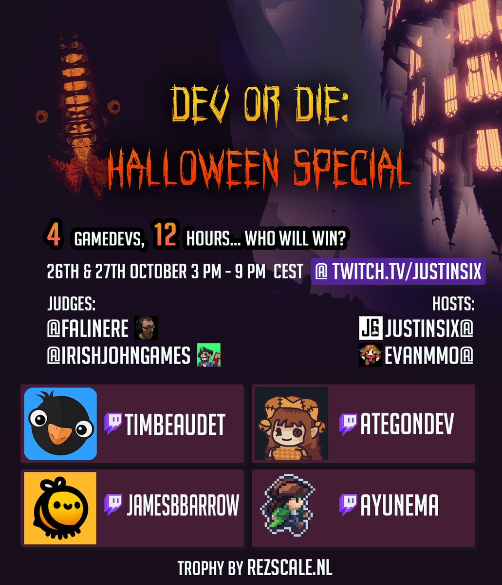 TheJustinSix's tweet photo. 🎃Live NOW with Dev or Die: Halloween Special
📷https://t.co/k7GP7ayU9T 📷
4 gamedevs have 6 hours to make a halloween themed game
Co-hosted with @evan_mmo 

With the lovely contestants @timbeaudet @Etegondev @JamesBBarrow @ayunema610

And Judges @IrishJohnGames @Falinere

#gamedev #IndieGameDev #HorrorGame