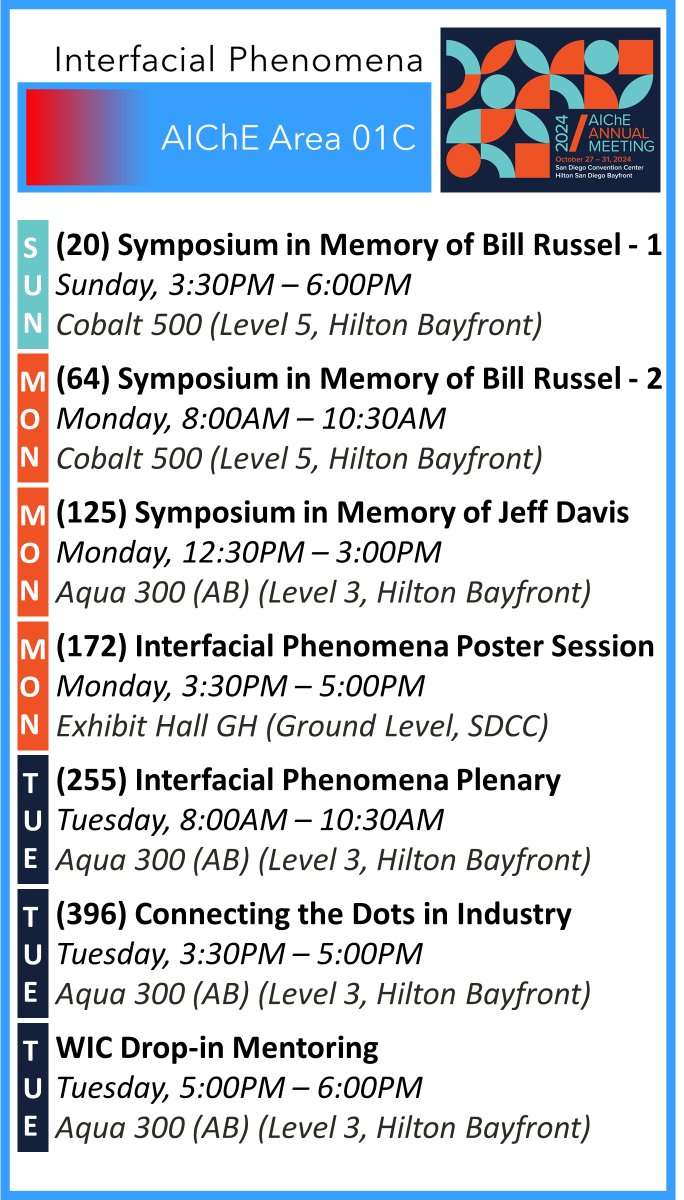 AIChEInterface's tweet image. Heading to @ChEnected #AIChE24? Area 01C on #InterfacialPhenomena is packed with groundbreaking programming all week from Sunday to Thursday! Check it out 👇 #AIChE #ChemicalEngineering #Networking