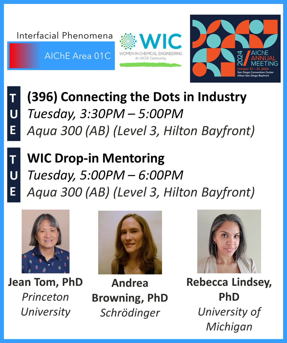 AIChEInterface's tweet image. Heading to @ChEnected #AIChE24? Area 01C on #InterfacialPhenomena is packed with groundbreaking programming all week from Sunday to Thursday! Check it out 👇 #AIChE #ChemicalEngineering #Networking