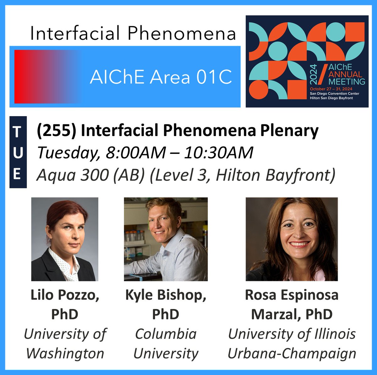 AIChEInterface's tweet image. Heading to @ChEnected #AIChE24? Area 01C on #InterfacialPhenomena is packed with groundbreaking programming all week from Sunday to Thursday! Check it out 👇 #AIChE #ChemicalEngineering #Networking
