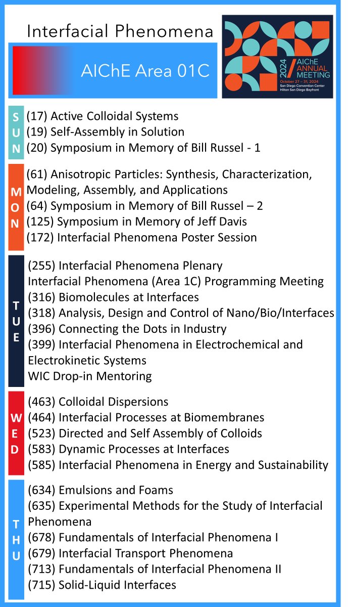 AIChEInterface's tweet image. Heading to @ChEnected #AIChE24? Area 01C on #InterfacialPhenomena is packed with groundbreaking programming all week from Sunday to Thursday! Check it out 👇 #AIChE #ChemicalEngineering #Networking