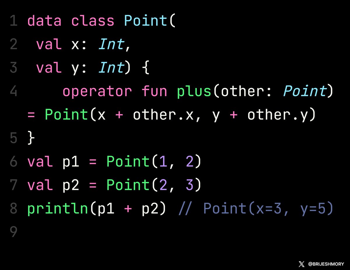 BRIJESHMORY's tweet image. Kotlin :
Power of operator Overloading
Create intuitive operators by overloading
Improves readability in complex types!
#Kotlin #OperatorOverloading #CleanCode #AdvancedKotlin
