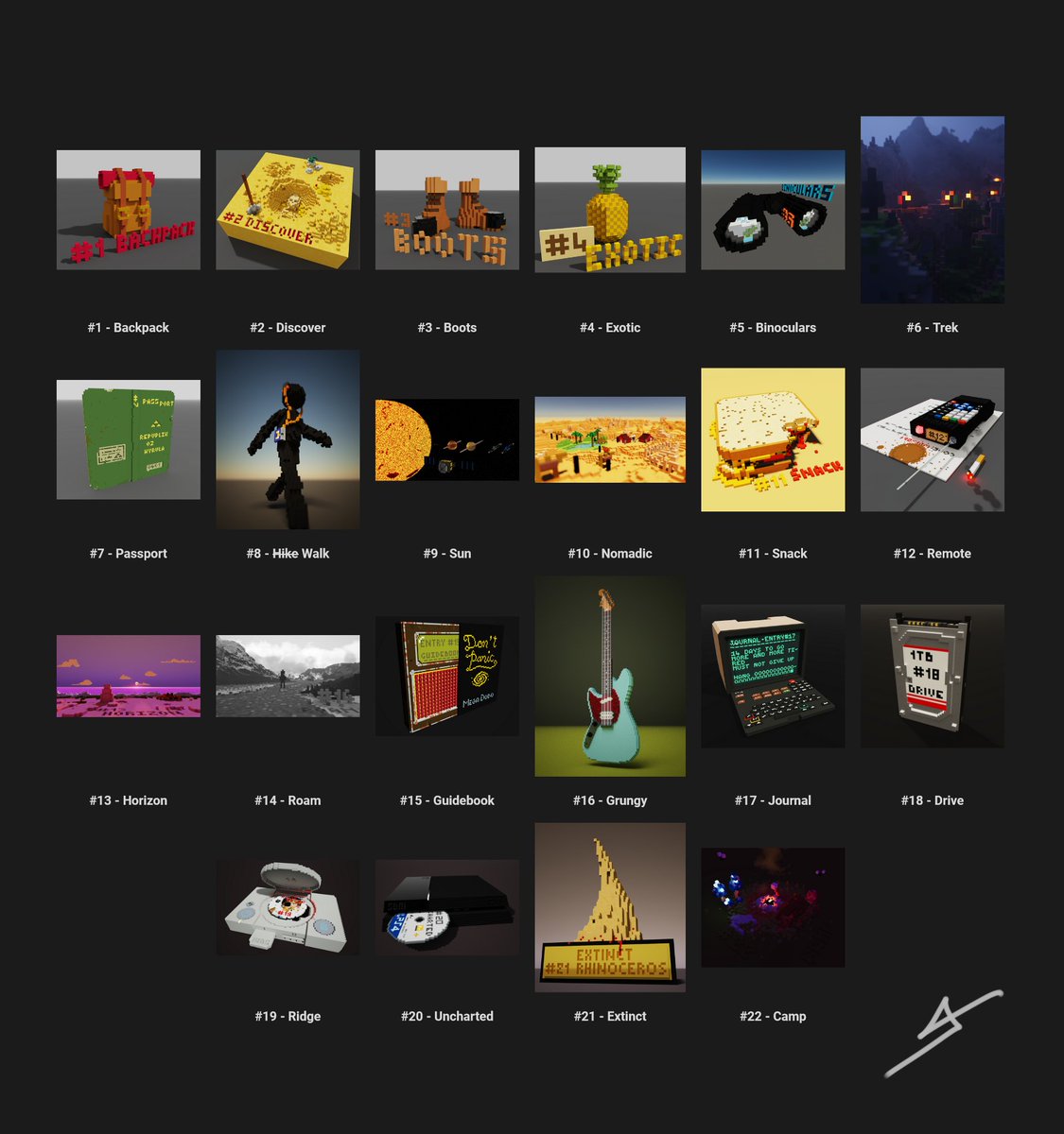 vxdcxw's tweet photo. 22 days of Inktober

Stopping here. Was a nice experience, learned a lot, but now I need more dedication on my works to sharpen my skills

Force myself to produce every day is counterproductive

#magicavoxel #inktober #gamedev #indiedev https://t.co/LHS7hLMUov