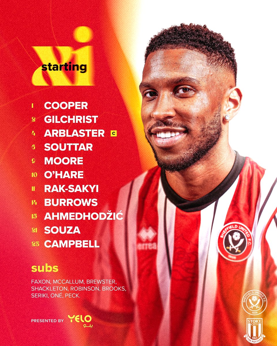 SheffieldUnited's tweet photo. The Blades to take on Stoke City. 📋

#SHUSTK | #YeloDrive https://t.co/PzftGLqDoq
