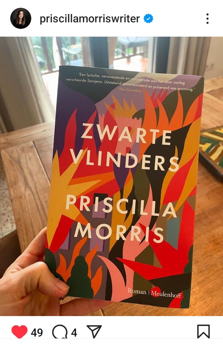 Check out the gorgeous cover of *Black Butterflies* by #PriscillaMorris 
 Dutch edition 👀💭🇳🇱 This fantastic Sarajevo-set work of fiction is based on the true situations there at the time. 
💯 % recommended ✅ 😎 
#Netherlands #translated 
<a href="/Meulenhoff/">Meulenhoff</a>