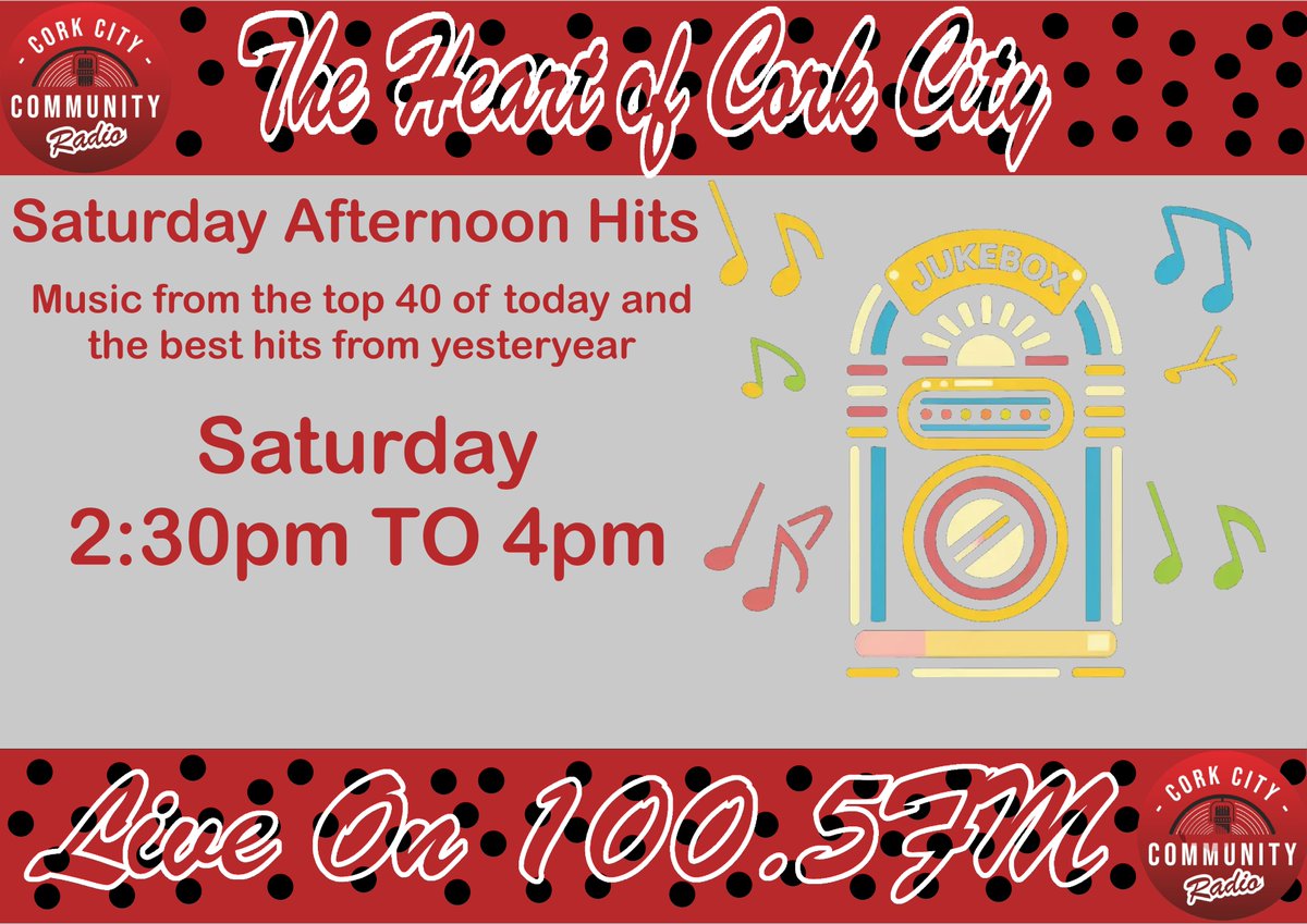 CorkCity_Radio's tweet photo. Coming up from 2:30 to 4pm we have our usual Saturday afternoon selection of classics to brighten up your mood and your day!
Listen live on 100.5FM or on https://t.co/H44gY91Vbn
#NowPlaying #livenow #FMRadio #LocalCork #HeartofCork #CorkCityCommunityRadio #RadioClassics https://t.co/49tI9EkSn7