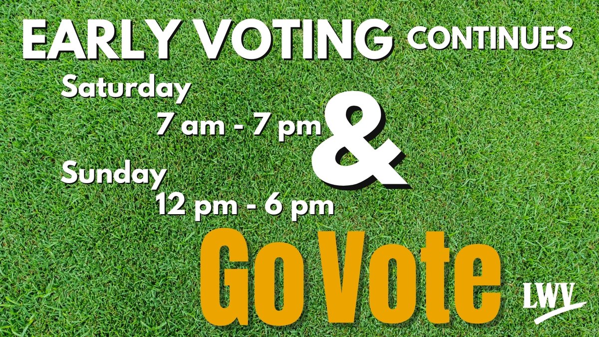 lwvdallastx's tweet photo. If you haven’t voted early YET, this weekend is the perfect time to do so. Polling locations are open Saturday until 7 pm. Polling locations are open on Sunday from 12 pm – 6 pm.
Fri., Nov. 1 – LAST day of early voting.
Tues., Nov. 5 – Election Day
GO VOTE!!!!!
#LWV #LWVT #LWVD https://t.co/M7BOaXjAuw