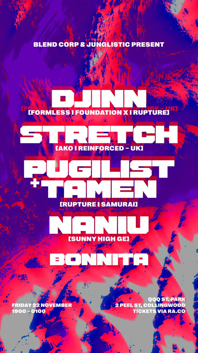 bevin campbell (@blendcorp) on Twitter photo Blend Corp & Junglistic combine forces to bring you TWO of the finest in UK Jungle, the mighty Djinn & <a href="/Stretch_AKO/">Stretch Reinforced </a> 
++ outernational guests <a href="/pugilistwheelup/">Pugilist</a> <a href="/djtamen/">tamen</a> Naniu (Sunny High/GER) & Bonnita
... on QQQ. ST Park's Nexo P1 sound system!
Tickets:
ra.co/events/2027311 Blend Corp & Junglistic combine forces to bring you TWO of the finest in UK Jungle, the mighty Djinn & <a href="/Stretch_AKO/">Stretch Reinforced </a> 
++ outernational guests <a href="/pugilistwheelup/">Pugilist</a> <a href="/djtamen/">tamen</a> Naniu (Sunny High/GER) & Bonnita
... on QQQ. ST Park's Nexo P1 sound system!
Tickets:
ra.co/events/2027311