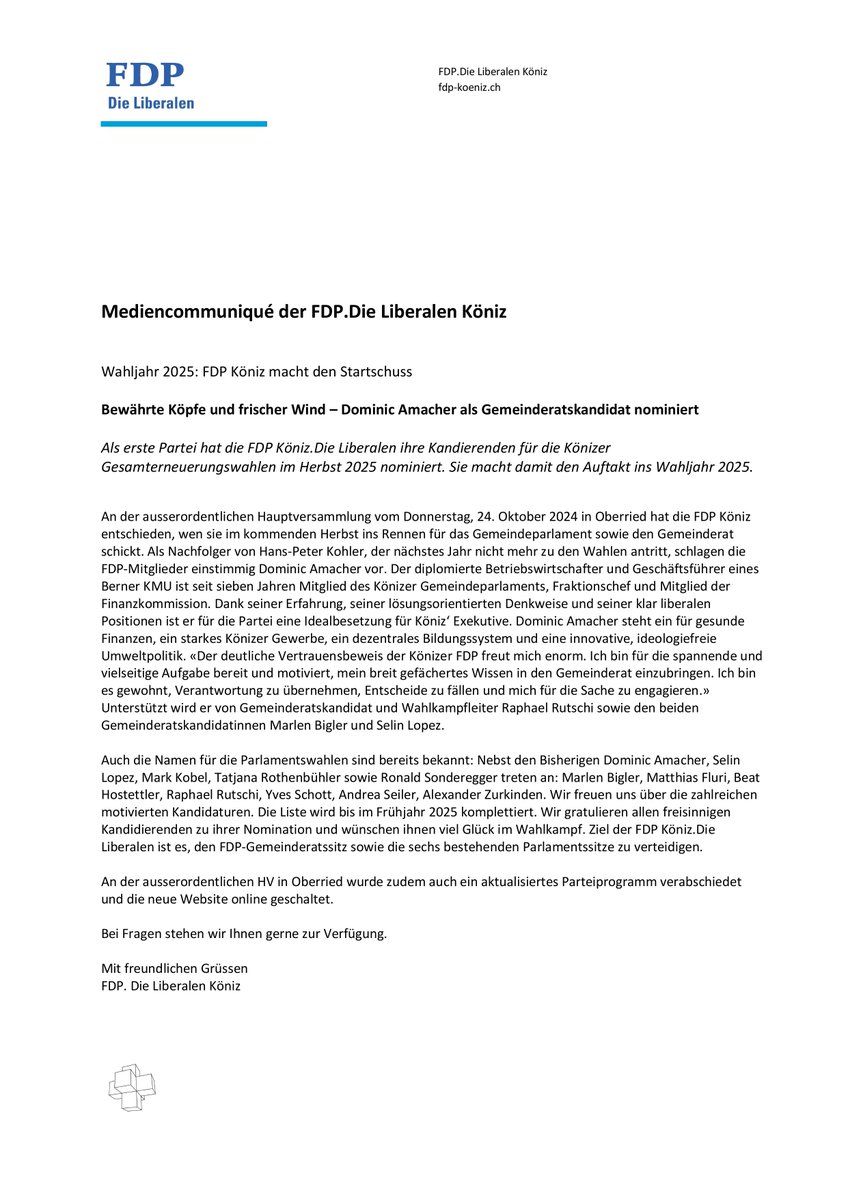 Die <a href="/FDPKoeniz/">FDP Köniz</a>  bereitet sich frühzeitig auf die Wahlen im Herbst 2025 vor: An der HV vom 24. Oktober 2024 fand die Nominationen für den Gemeinderat und das Parlament statt.
#WahlKöniz25
#GemeinderatKöniz25
bernerzeitung.ch/koeniz-fdp-gem…
