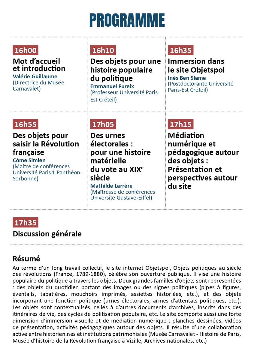 Le site de  médiation numérique Objetspol propose une histoire populaire du "siècle des révolutions" à travers des objets conservés jusqu'à aujourd'hui. Pour célébrer son lancement, une présentation aura lieu au  musée Carnavalet le 12 novembre de 16h à 18h.
