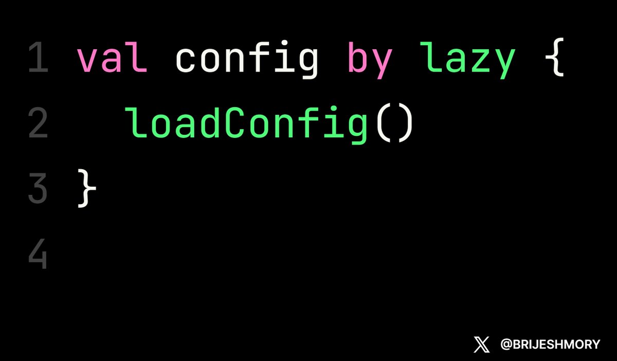 BRIJESHMORY's tweet image. Kotlin :
by lazy for Expensive Computations
Use by lazy for deferred, on-demand computation
Improves startup performance for costly operations!
#Kotlin #LazyInitialization #Performance #CodingTips